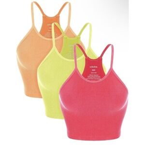 ODODOS Seamless Rib-Knit Crop Tank Tops Womens XS Neon Pink Yellow Orange 3 Pack